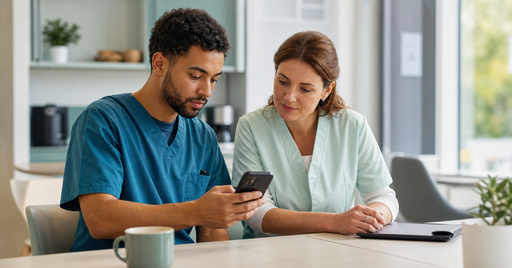 Interessentin prueft am Smartphone einen mobilen Weg zur Behandlungsanfrage