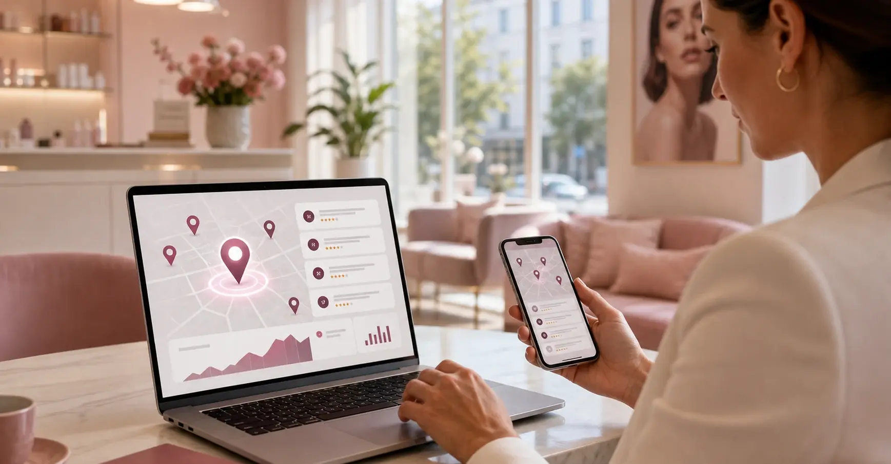 Lokale Sichtbarkeit fuer eine Aesthetic-Klinik auf Laptop und Smartphone