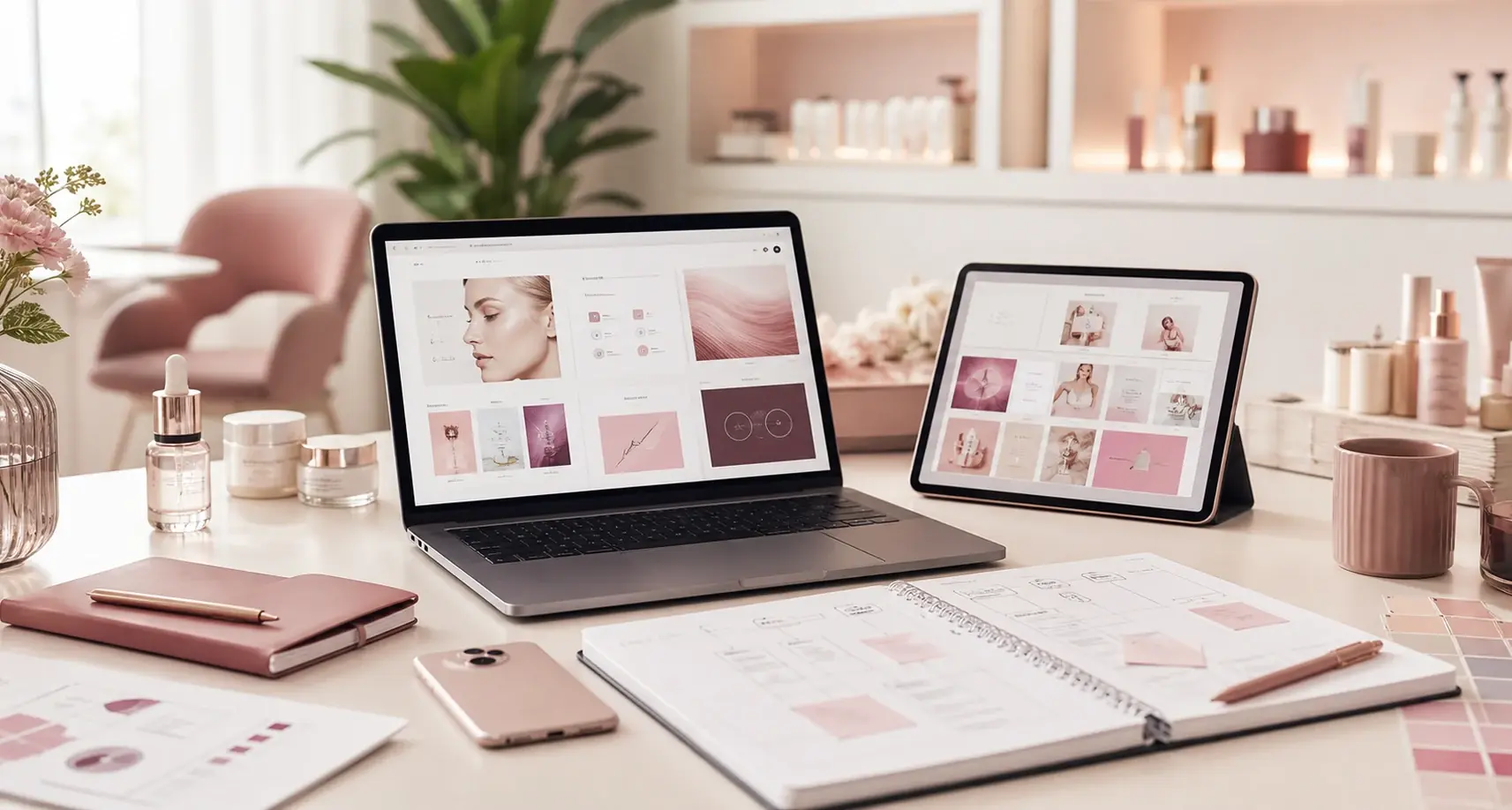 Digitaler Arbeitsplatz mit Website-, SEO- und Prozessplanung fuer eine Aesthetic-Marke